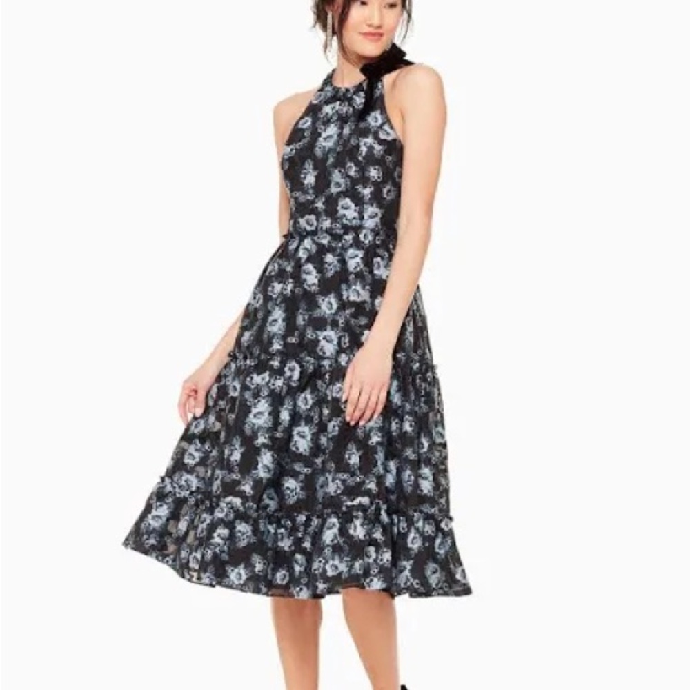 Kate Spade Prairie Rose Velvet Tie Dress Blue & Black
